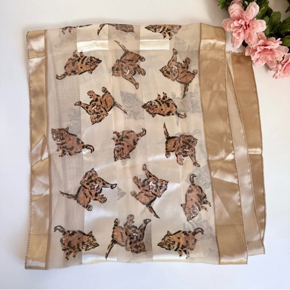 Metallic Gold Cream Chiffon Satin Silky Cat Print Scarf